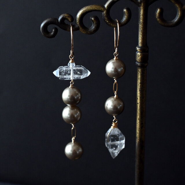 【★SALE】ダブルポイントクリスタルとシャンパンゴールドパールのピアス・イヤリング変更可