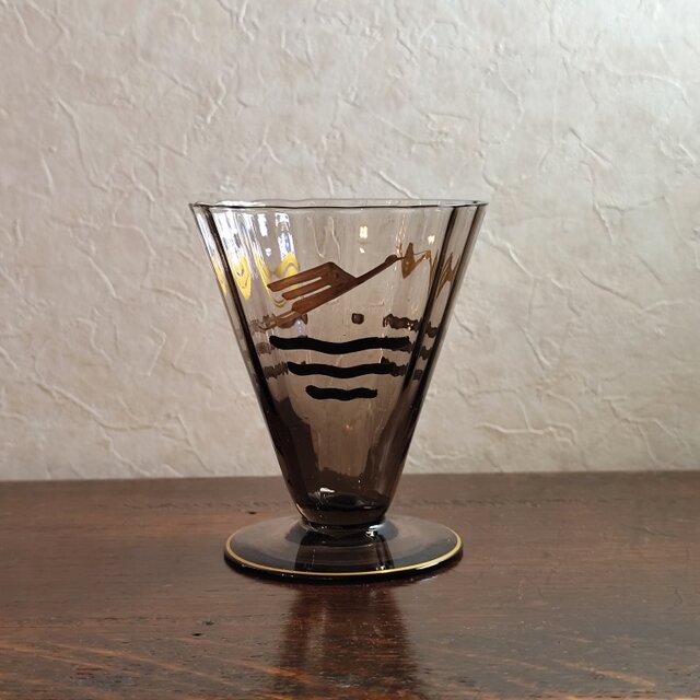 アンティーク　鶴と波のジャポニスム色グラス(大)　1900年頃　フランス　高10㎝【YG47】