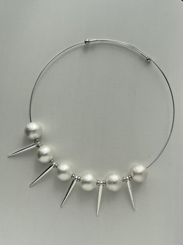コットンパール×スタッズ☆ワイヤーチョーカーネックレス☆サージカルステンレス