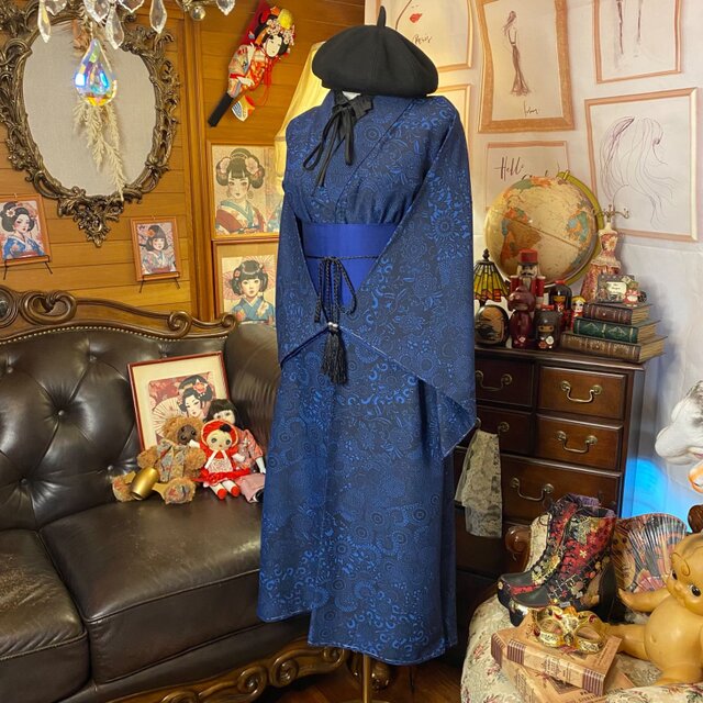 着物リメイクワンピース　藍染　着物ドレス 着物リメイク セミロング ワンピース ドレス 帯ベルト 和洋折衷