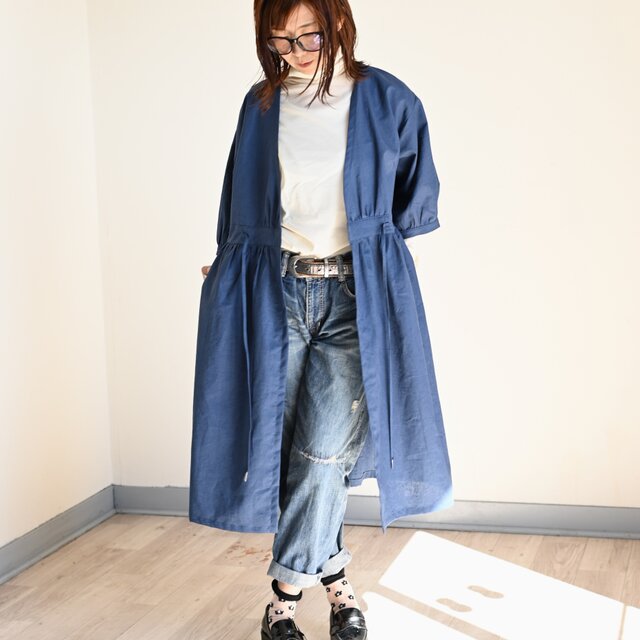 ナチュラルコットンリネンのローブ：ダークブルー【NEW】