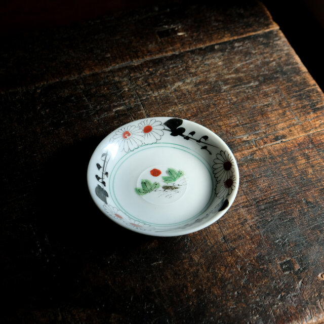 花と風景◆瀬戸焼　花文色絵金彩小皿　骨董/antiques 器　古道具　古民家　大正期