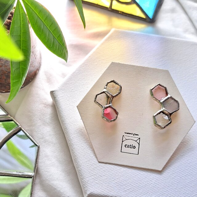 Honeycamb earring/aurora ＆pink