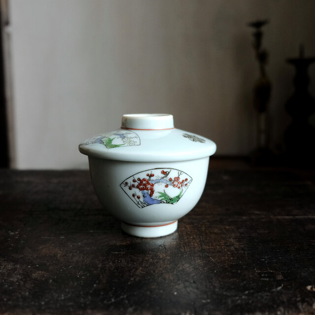 松竹梅の絵付け◆久谷焼　赤絵金彩蓋付蒸茶碗　暮らしに　和食器　古民家　工芸品　昭和期