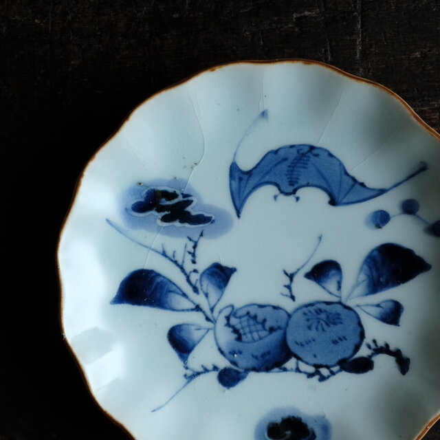 なます皿　蝙蝠　コウモリ　唐花　色絵付　染付　古伊万里　明治　大正　訳あり　欠け なます皿 蝙蝠 コウモリ 唐花 色絵付 染付 古伊万里 明治 大正
