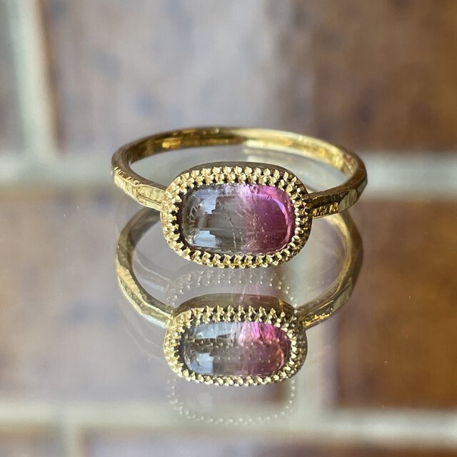 バイカラートルマリン　クッションバゲットカボション　2段ミル　シルバーSV925リング