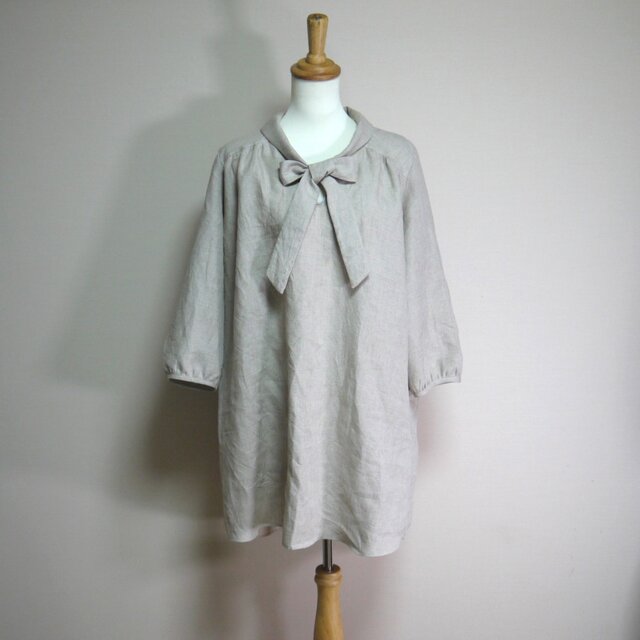 カラーリネン◆ボウタイチュニックワンピ　七分袖◆生成り◆M・L・LL