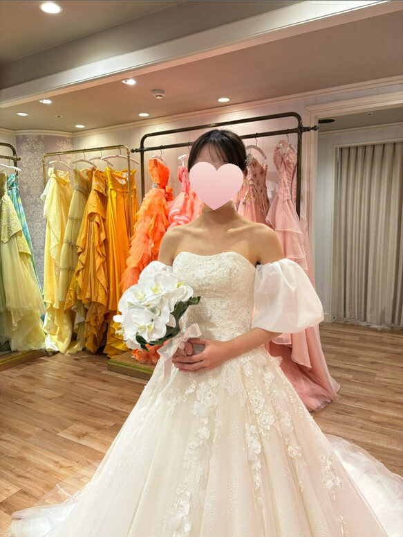 実例写真！パフスリーブ オフホワイト ソフトチュール ストレッチ 色直し ウェディング 前撮り