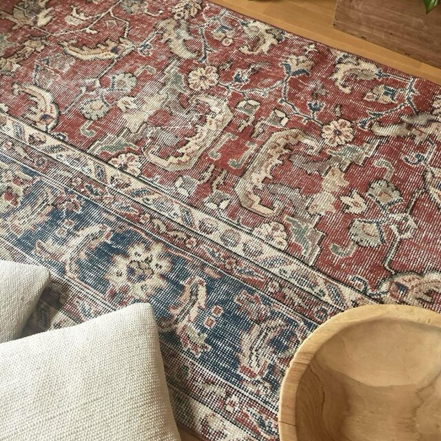86×150 赤えんじ×ブルー 擦れシャビーなボタニカル トルコヴィンテージ