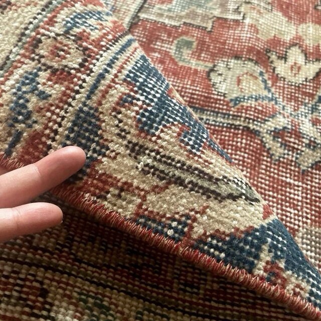 86×150 赤えんじ×ブルー 擦れシャビーなボタニカル トルコ