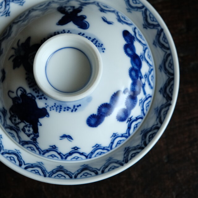 蝶と唐子◇有田鍋島焼 染付蓋付碗 暮らしに 和食器 古民家 懐石 昭和