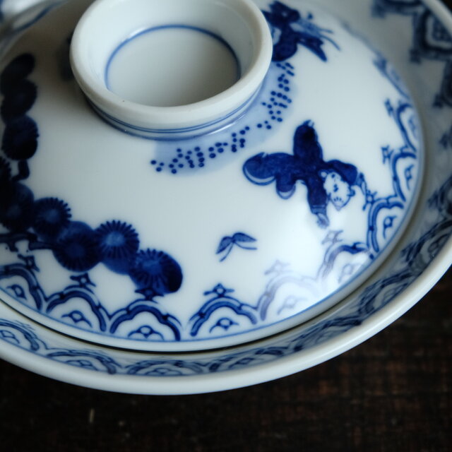 蝶と唐子◇有田鍋島焼 染付蓋付碗 暮らしに 和食器 古民家 懐石 昭和