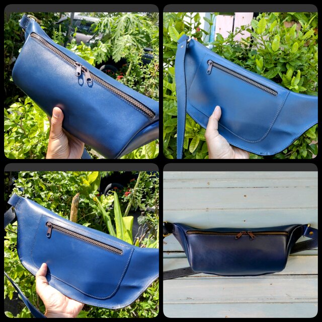ハンドメイド　ボディバッグ　ヌメ本革　ネイビー　クリーマー　★新品／未使用品★ ハンドメイド ボディバッグ ヌメ本革 ネイビー クリーマー