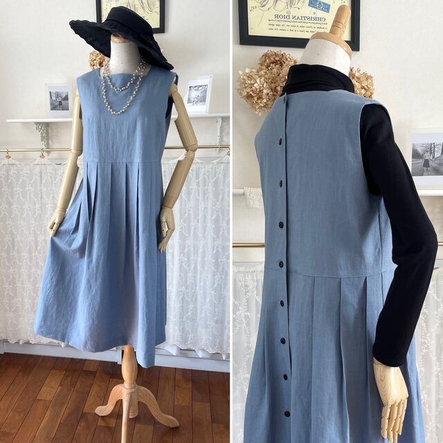 リネン・ノースリーブのタックワンピース『サリー』ブルー・スクエアネック・ジャンパースカート・ロング・クラシカル