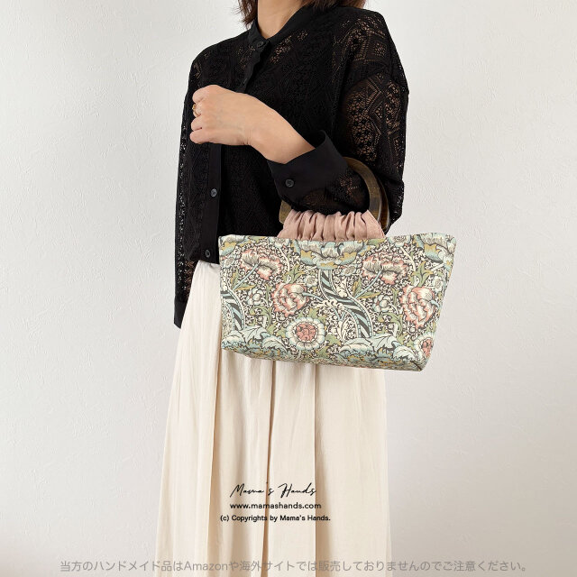 おしゃれな ウィリアムモリス スペイン 製  ピンク 花柄  木の持ち手 小柄 トート 手提げ バック