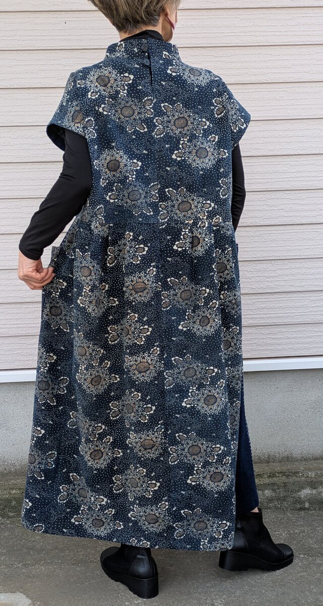 古布リメイク 型染のフレンチスリーブワンピース 刺し子 ゆったり 