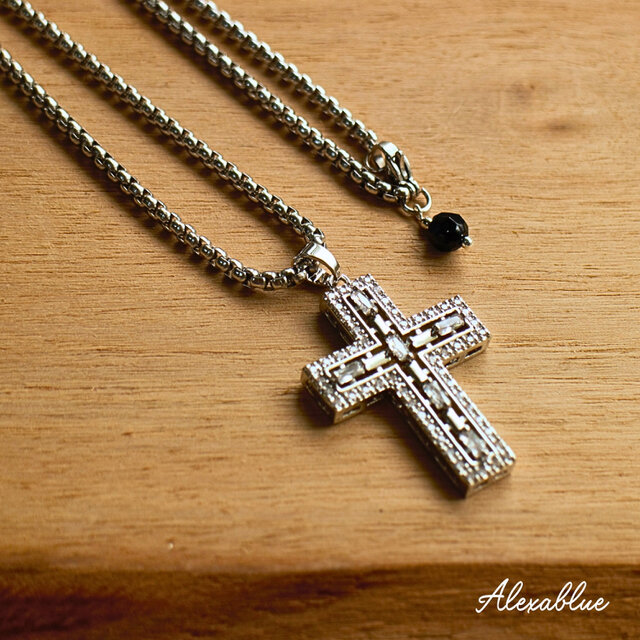 ユニセックス オニキス ビジュークロス ネックレス 天然石ネックレス