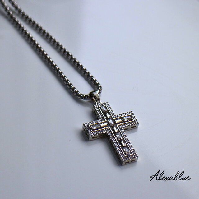 ユニセックス オニキス ビジュークロス ネックレス 天然石ネックレス