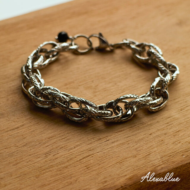 ユニセックス オニキスボリュームチェーンブレスレット ステンレスブレスレット  お守りブレスレット