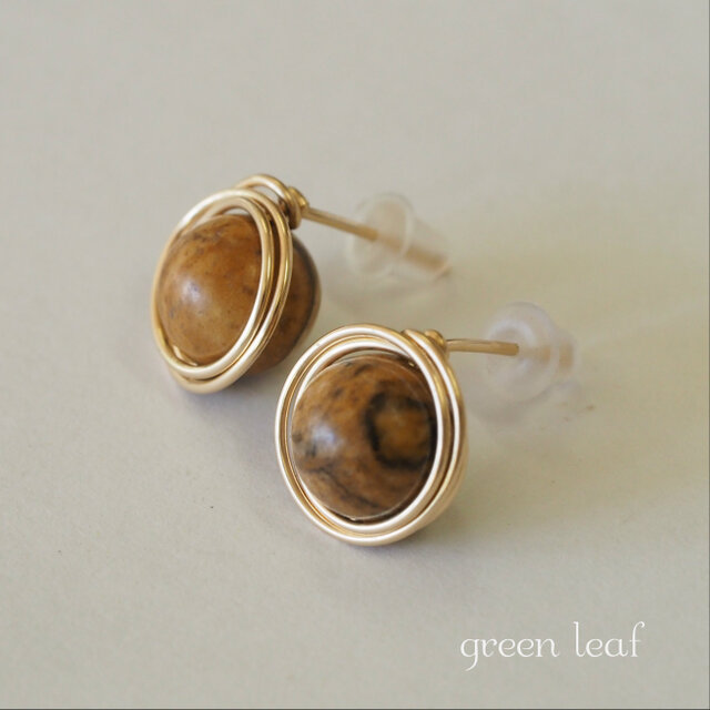 14kgf＊ピクチャージジャスパーの大きな一粒ピアス