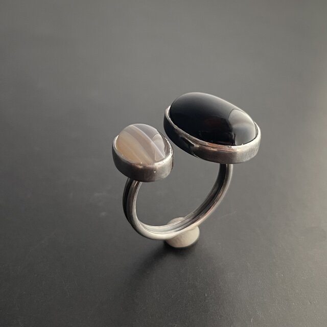 シルバーリング　大きめオニキス＆アゲート