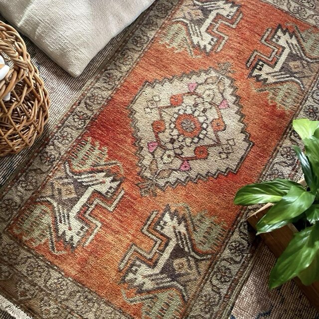 トルコ　ヴィンテージラグ　オレンジ　メダリオン トルコヴィンテージラグオレンジメダリオン