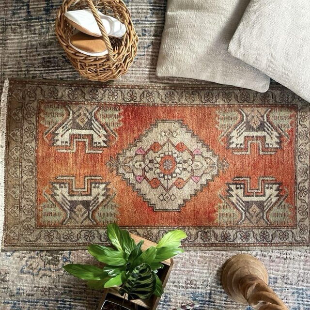 正方形121×130 ブルー　ハーフメダリオン　オレンジ　トルコヴィンテージラグ 正方形121×130 ブルー ハーフメダリオン オレンジ トルコヴィンテージ