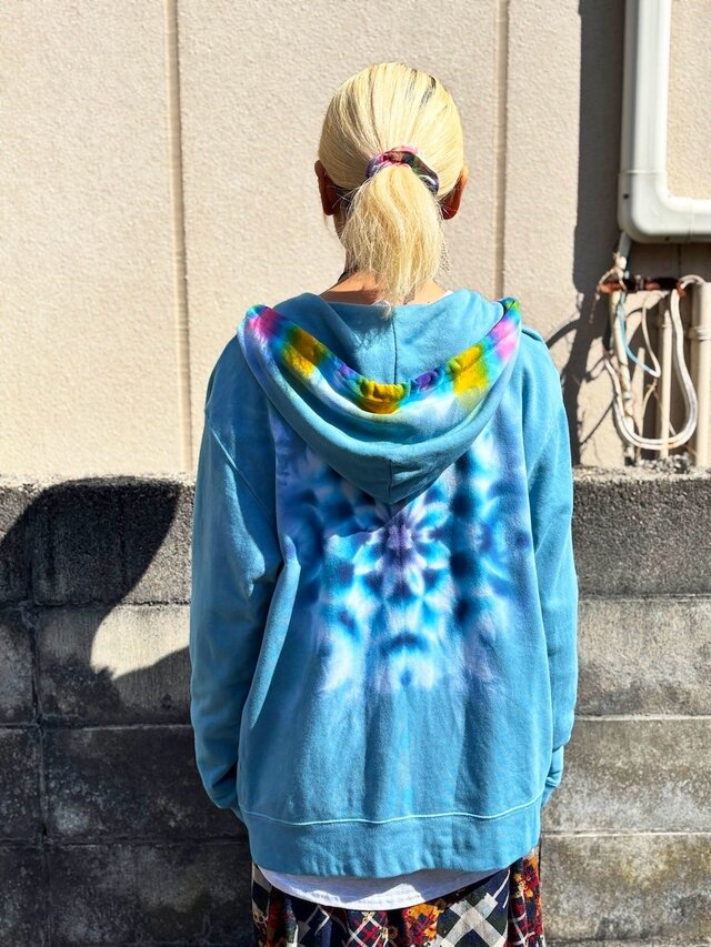 タイダイ フーディ ジップアップ パーカー ティールブルー XLサイズ