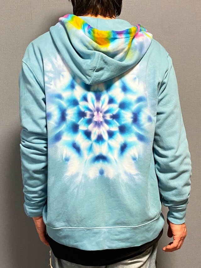 タイダイ フーディ ジップアップ パーカー ティールブルー XLサイズ