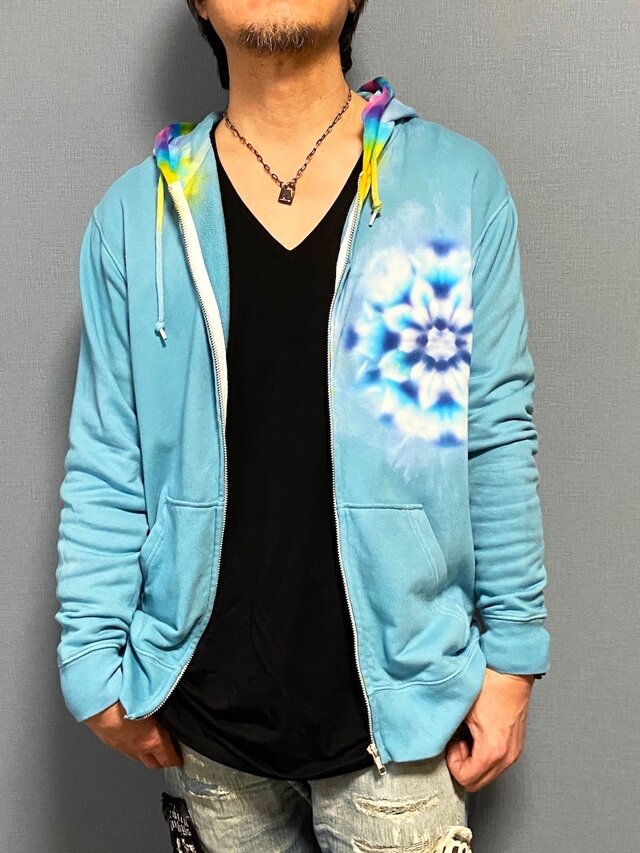 タイダイ フーディ ジップアップ パーカー ティールブルー XLサイズ