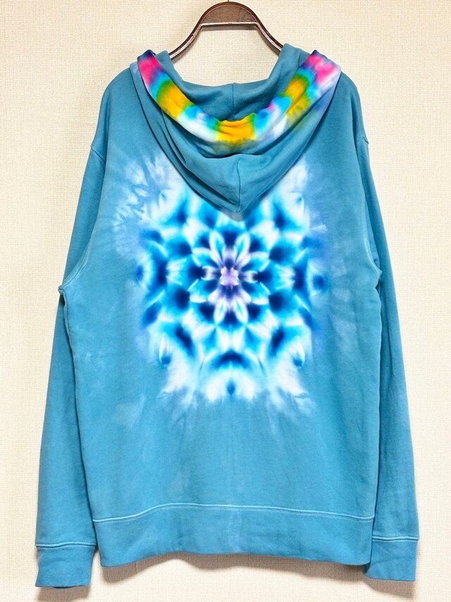 タイダイ フーディ ジップアップ パーカー ティールブルー XLサイズ