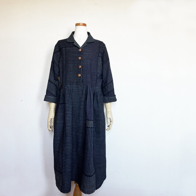 ヴィンテージ インディゴ キモノ de オープンカラー コラージュ ワンピース