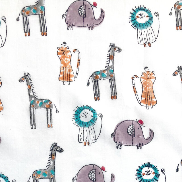 インド ブロックプリント生地 [50cm単位切り売り] アニマルフレンズ ライオン キリン 虎 IF0214