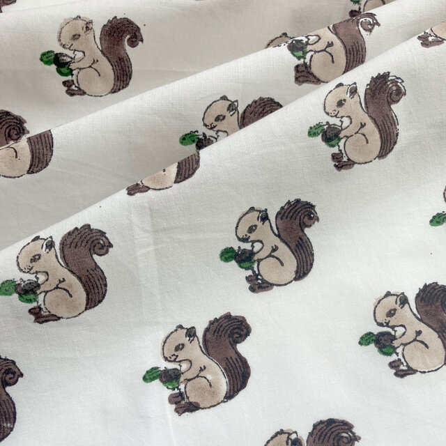 インド ブロックプリント生地 [50cm単位切り売り] どんぐりを持ったリス AT IF0213
