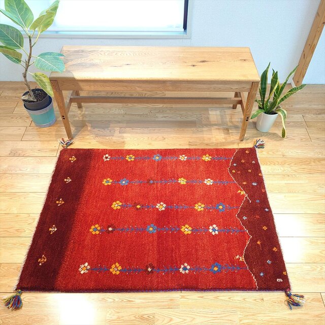 ペルシャ ギャッベ 玄関マット大 ウール 118x85cm 茜色 花 丘 RD2176G