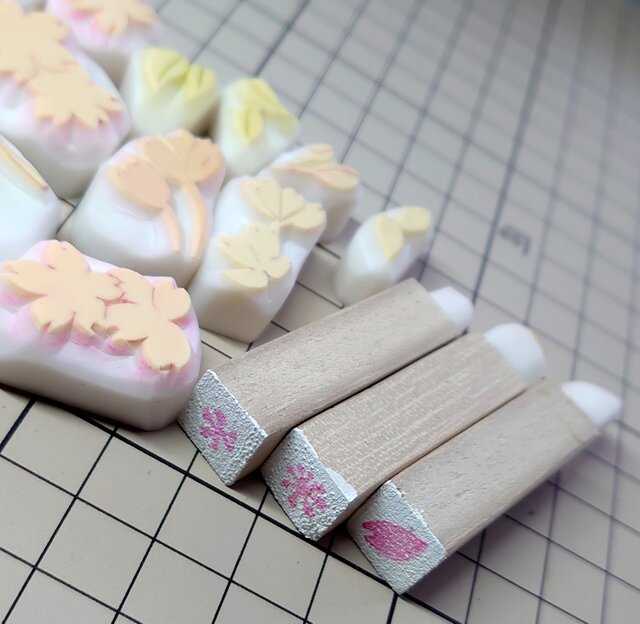 [さくら花様ご確認用]オーダー☆消しゴムはんこ ソメイヨシノ桜の花と花びら消しゴムハンコセット（持ち手付き