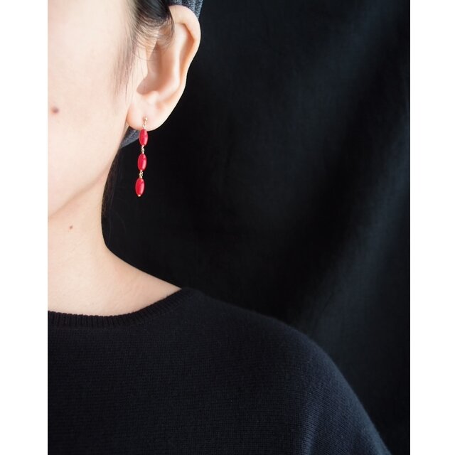 K14gf】Red Coral Long Earrings／レッドコーラル ロングピアス