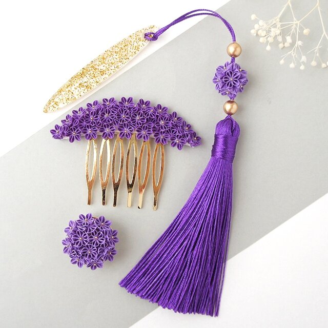 着物小物 3点セット 〔すみれ〕 ヘアコーム 帯留め 帯飾り つまみ細工 和装 紫色 浴衣 春 夏 秋 ギフトに人気
