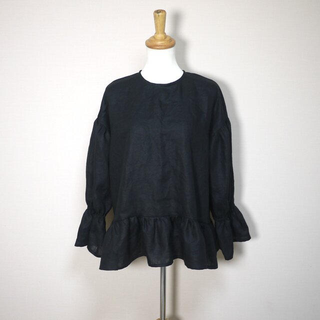 カラーリネン◆アンダーフリルのキャンディブラウス◆黒◆フリーサイズ（中厚、リネン100％）