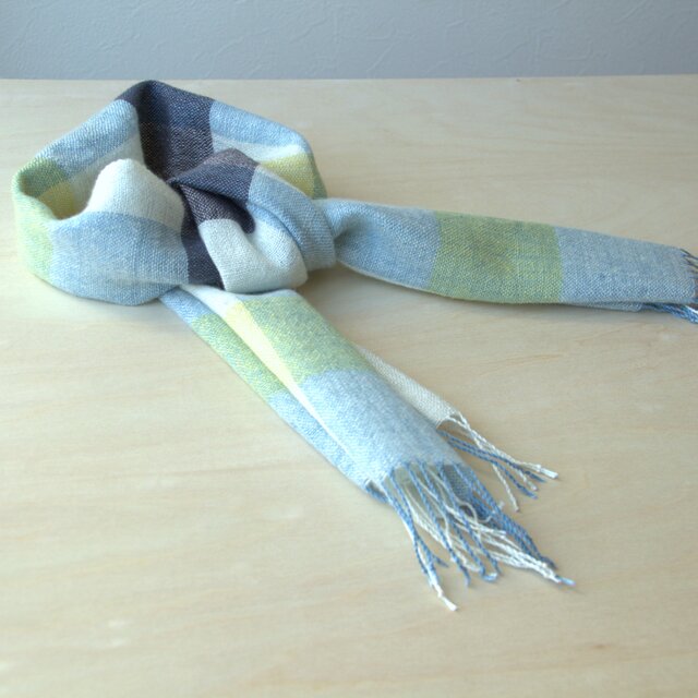 ホームスパン　リネン×カシミヤプチマフラー　白・浅黄チェックA