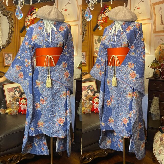 振袖 洗える 化繊 着物 袴 リメイク ワンピース ドレス 帯サッシュ