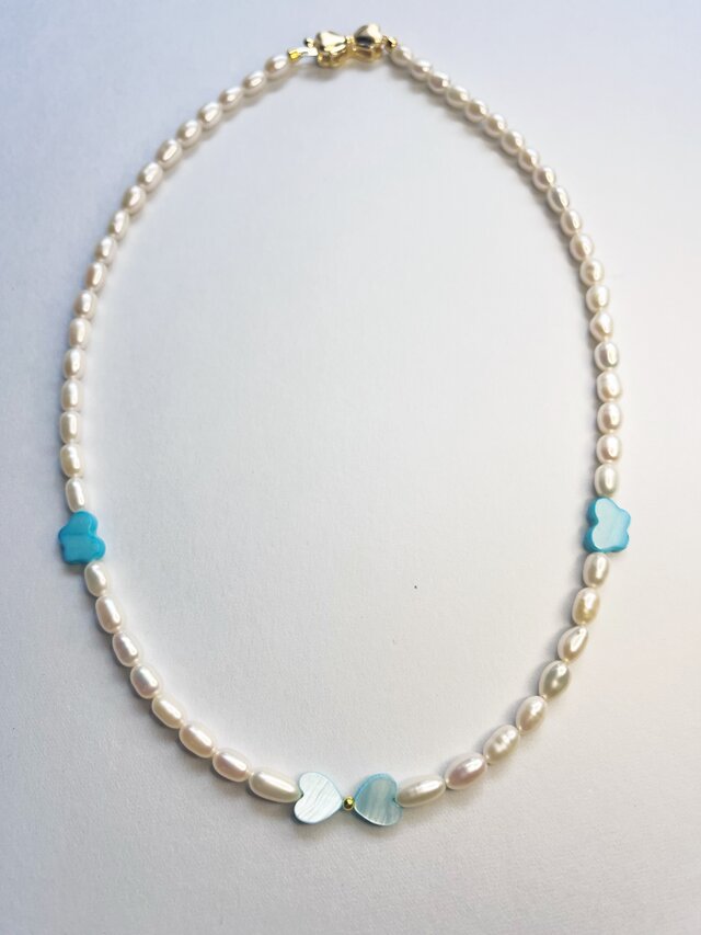 淡水パール×ブルーシェルハート ネックレス｜925シルバークラスプ｜ハンドメイド