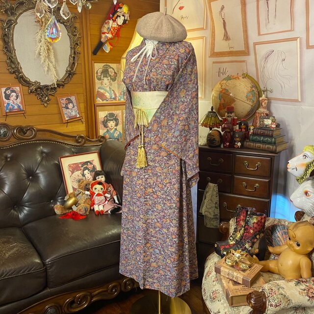 着物 リメイク ロング ワンピース ドレス 洗える 化繊 名古屋帯ベルト