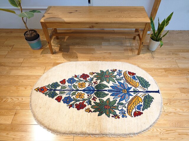 ペルシャ ギャッベ ソファ前 玄関マット 小判型 楕円形 ラグ 120Φ80cm