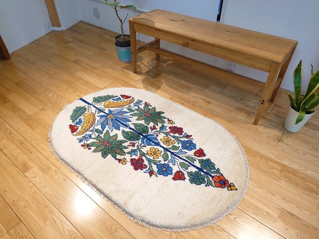 ペルシャ ギャッベ ソファ前 玄関マット 小判型 楕円形 ラグ 120Φ80cm