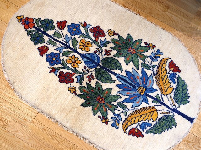 ペルシャ ギャッベ ソファ前 玄関マット 小判型 楕円形 ラグ 120Φ80cm