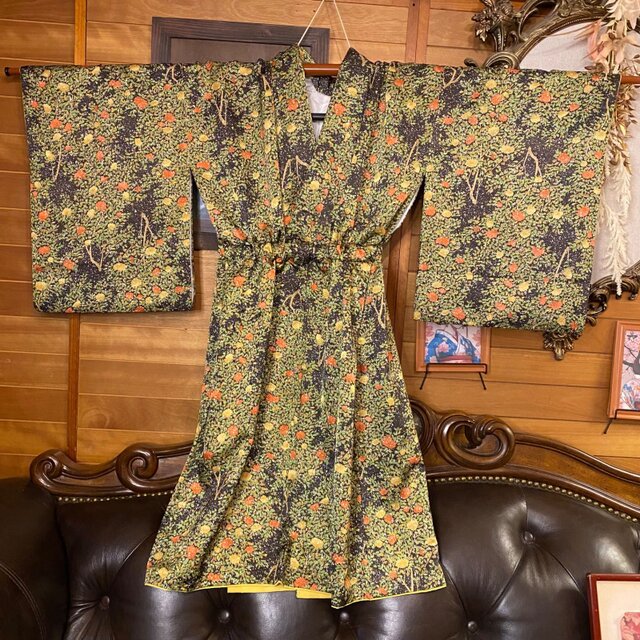 着物 リメイク ミニミディ ワンピース ドレス 洗える 化繊 帯