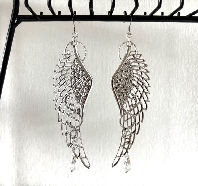 ピアス 天使の羽根とリング シルバー特大 涼しげ 大きめ 大振り 大ぶり