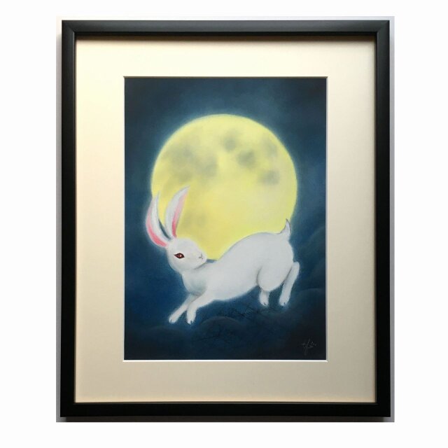 月夜に舞う白兎（パステル画　原画）　4号