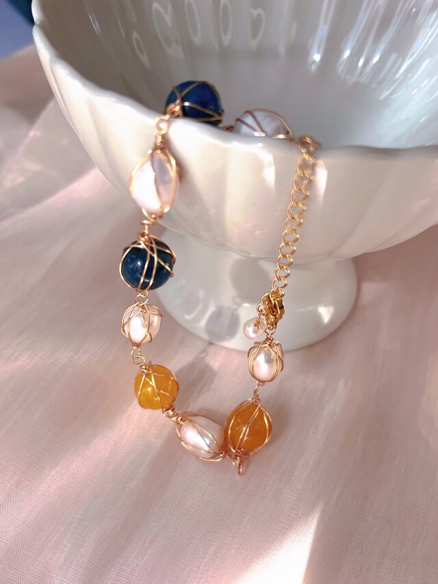 手作りアクセサリー】天然石ブレスレット | シトリン × ブルー